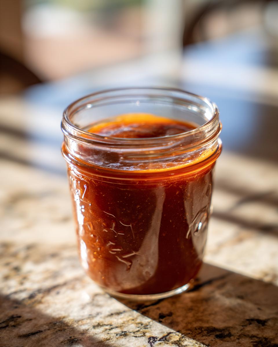 A glass jar filled with rich, homemade honey BBQ sauce, ready to be used.