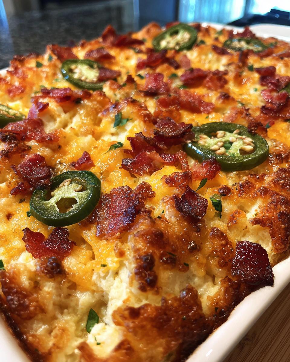 Close-up of a baked Jalapeño Popper Dip topped with crispy bacon, melted cheese, and fresh jalapeño slices.