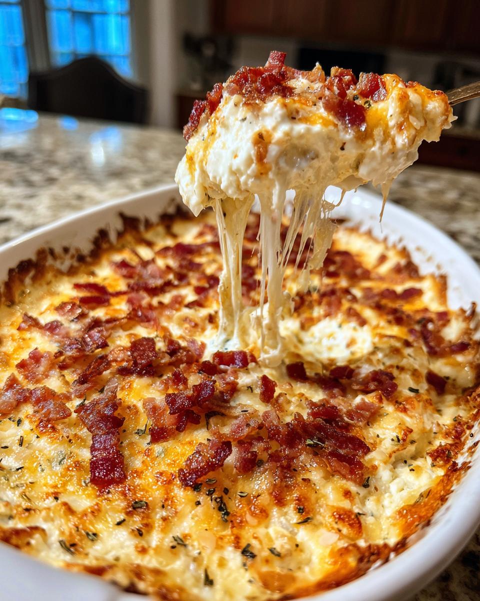 A spoonful of creamy Jalapeño Popper Dip with melted cheese and bacon bits being lifted from a baking dish.
