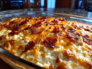 Close-up of a bubbly, baked Jalapeño Popper Dip topped with melted cheese and crispy bacon.