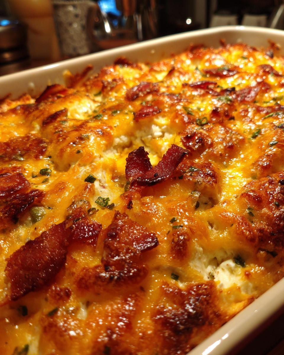 Close-up of a bubbly, cheesy Jalapeño Popper Dip topped with crispy bacon and fresh herbs.