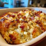 Close-up of baked Jalapeño Popper Dip topped with crispy bacon and parsley.