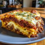 A mouthwatering slice of Lasagna with Cottage Cheese, featuring layers of pasta, rich meat sauce, and creamy cottage cheese filling, topped with melted cheese and parsley.