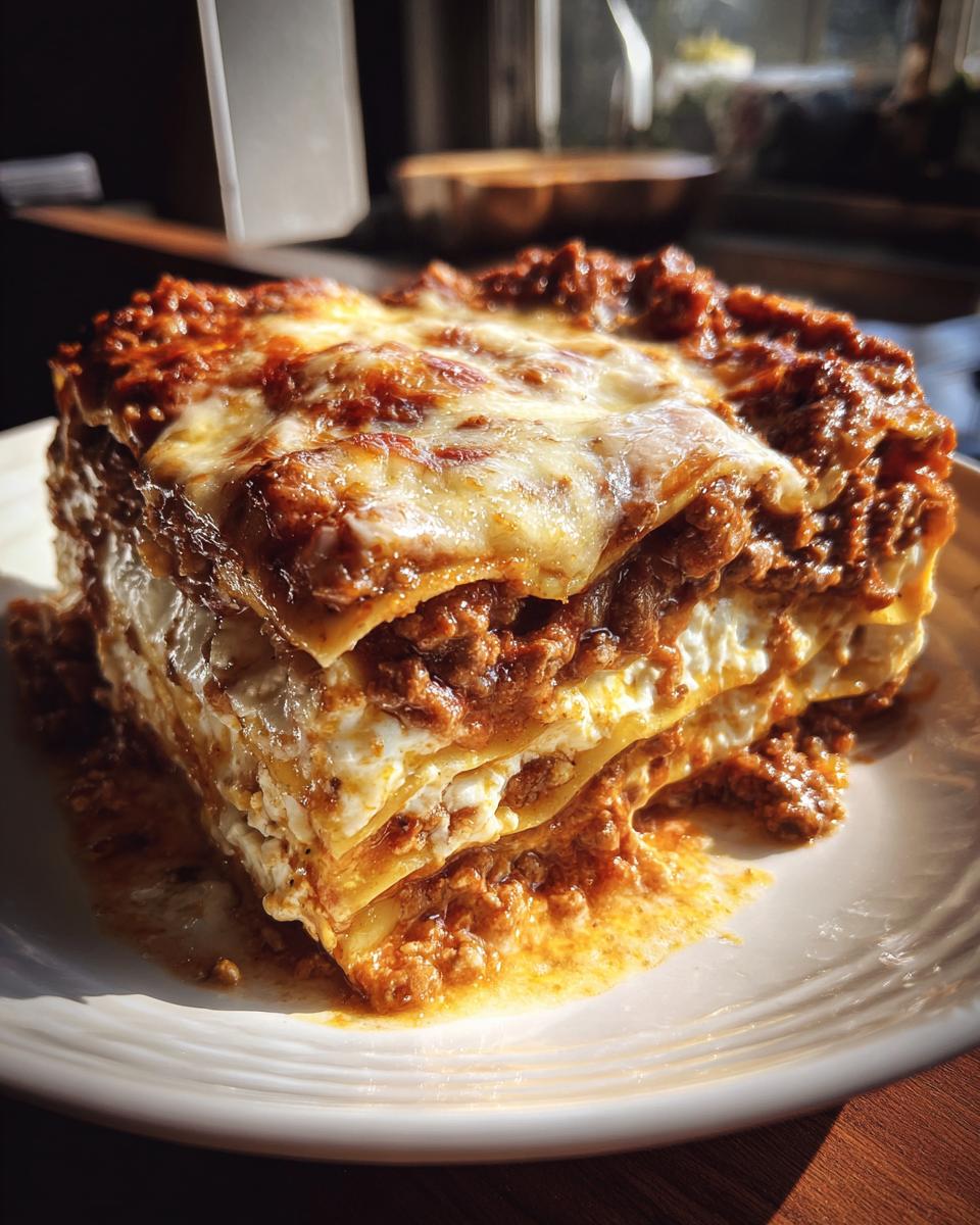A generous slice of Lasagna with Cottage Cheese, showcasing layers of pasta, rich meat sauce, and creamy cottage cheese filling, topped with melted cheese.