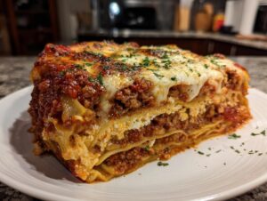 A generous slice of Lasagna with Cottage Cheese, featuring layers of pasta, meat sauce, and creamy cheese, topped with melted mozzarella and parsley.