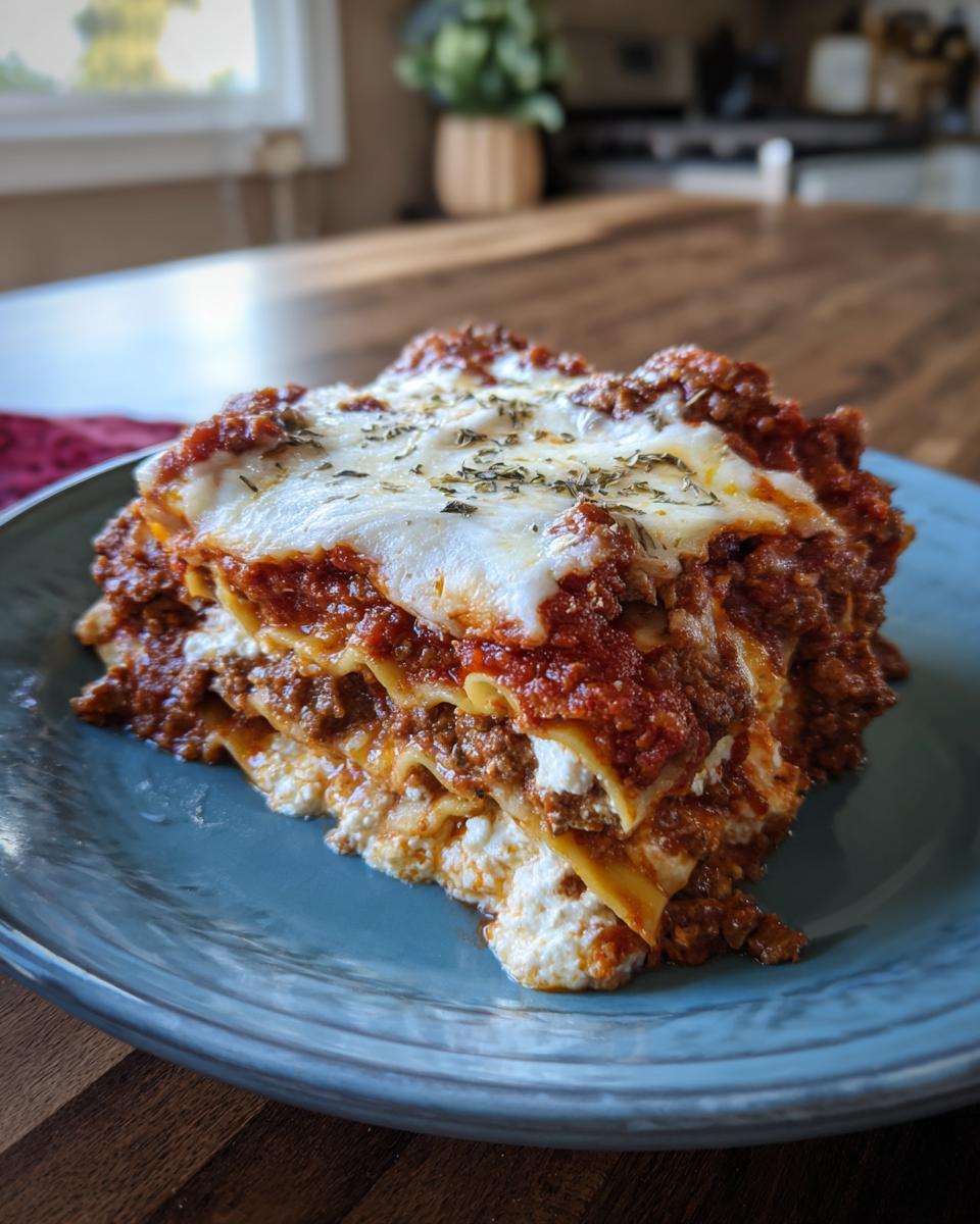 A generous slice of Lasagna with Cottage Cheese, showing layers of pasta, meat sauce, and creamy cottage cheese filling, topped with melted cheese.