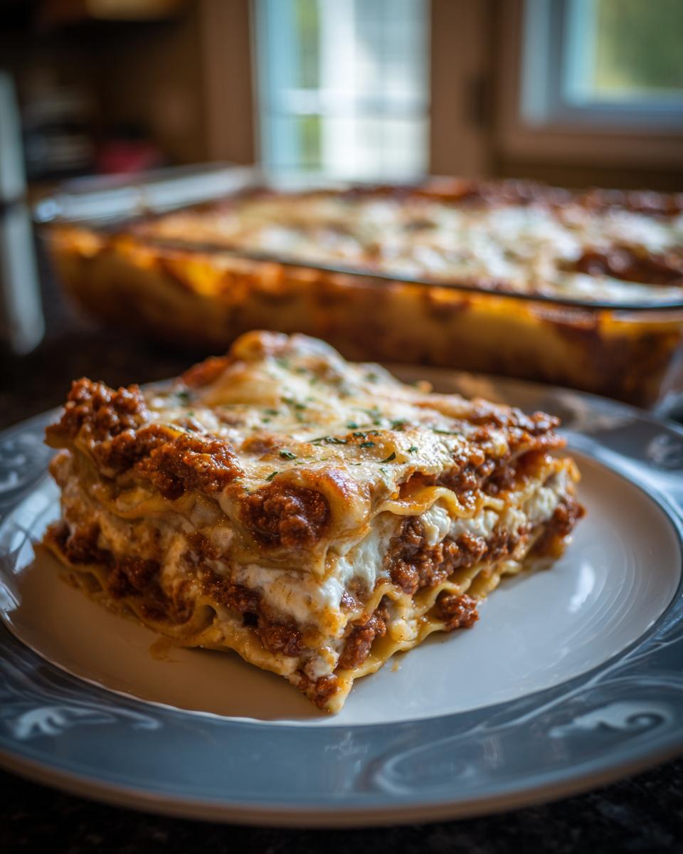 A generous slice of Lasagna with Cottage Cheese, showcasing layers of pasta, rich meat sauce, and creamy cottage cheese filling.