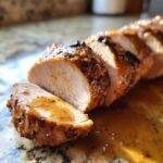 Close-up of sliced maple mustard pork tenderloin, glistening with sauce.