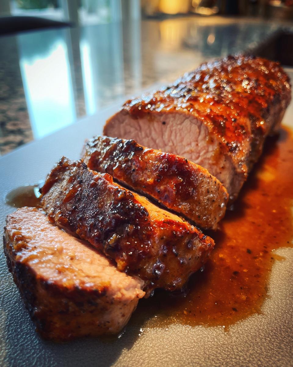 Close-up of sliced maple mustard pork tenderloin, showing its juicy interior and glazed exterior.