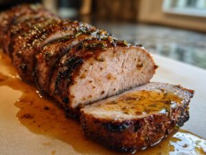 Close-up of a sliced maple mustard pork tenderloin, glistening with sauce and herbs.