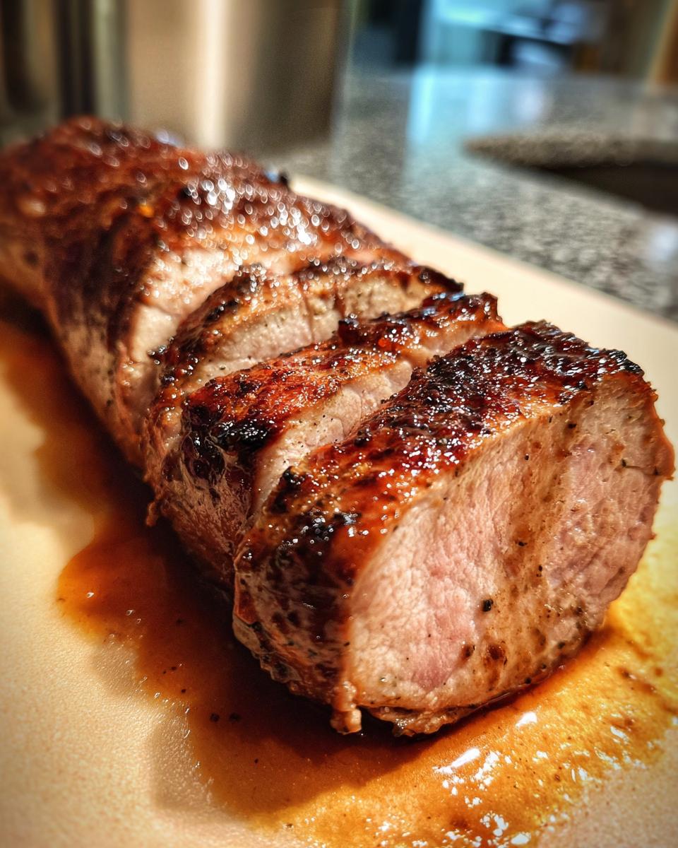 Close-up of sliced maple mustard pork tenderloin, showing its juicy interior and caramelized glaze.