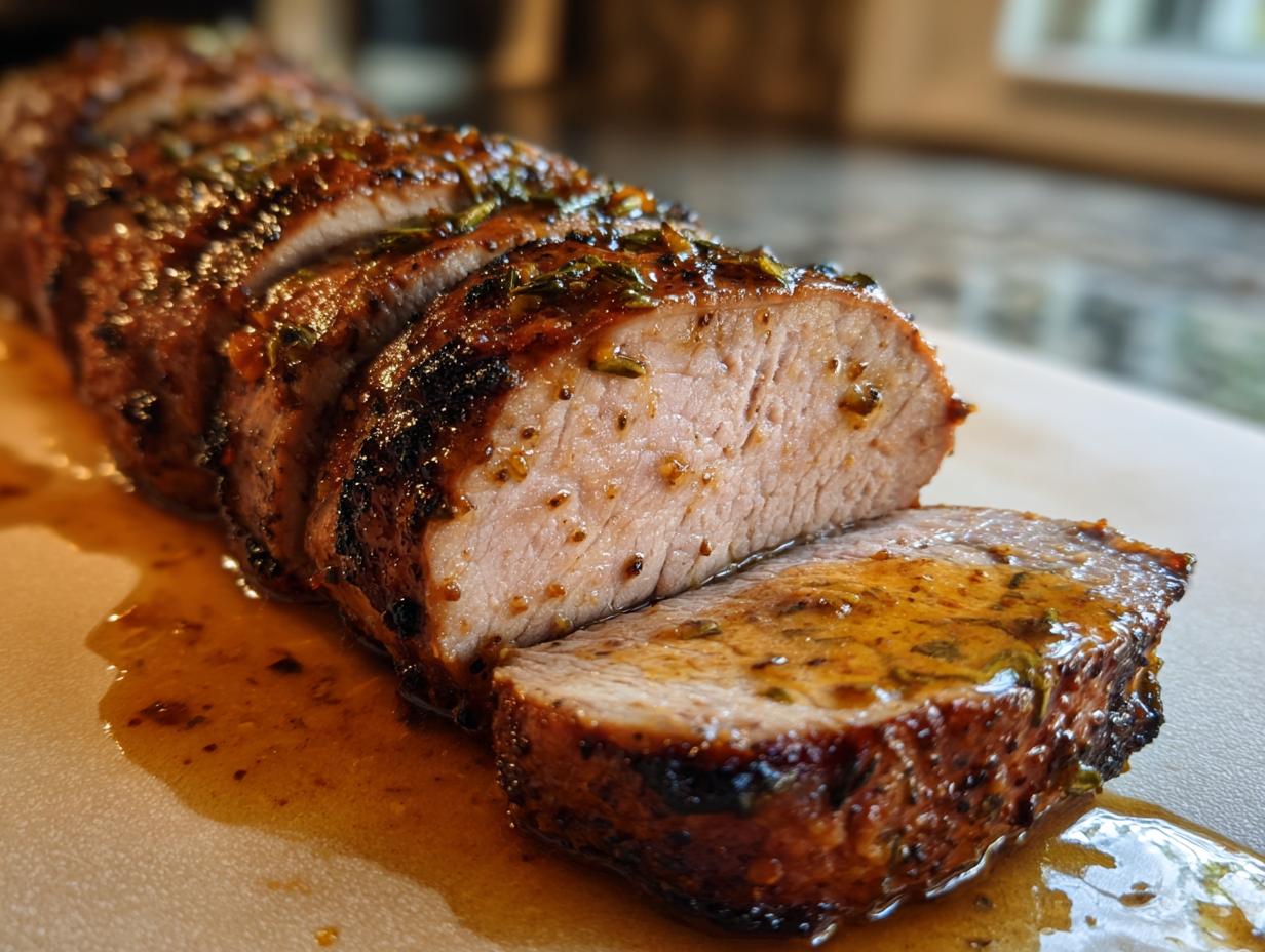 Close-up of a sliced maple mustard pork tenderloin, glistening with sauce and herbs.