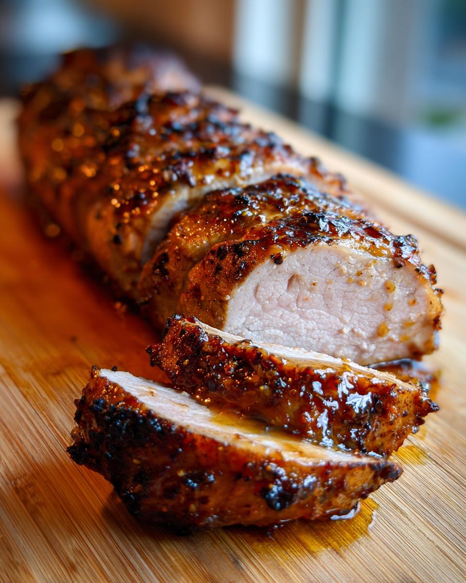 Close-up of sliced maple mustard pork tenderloin on a wooden cutting board, glistening with glaze.