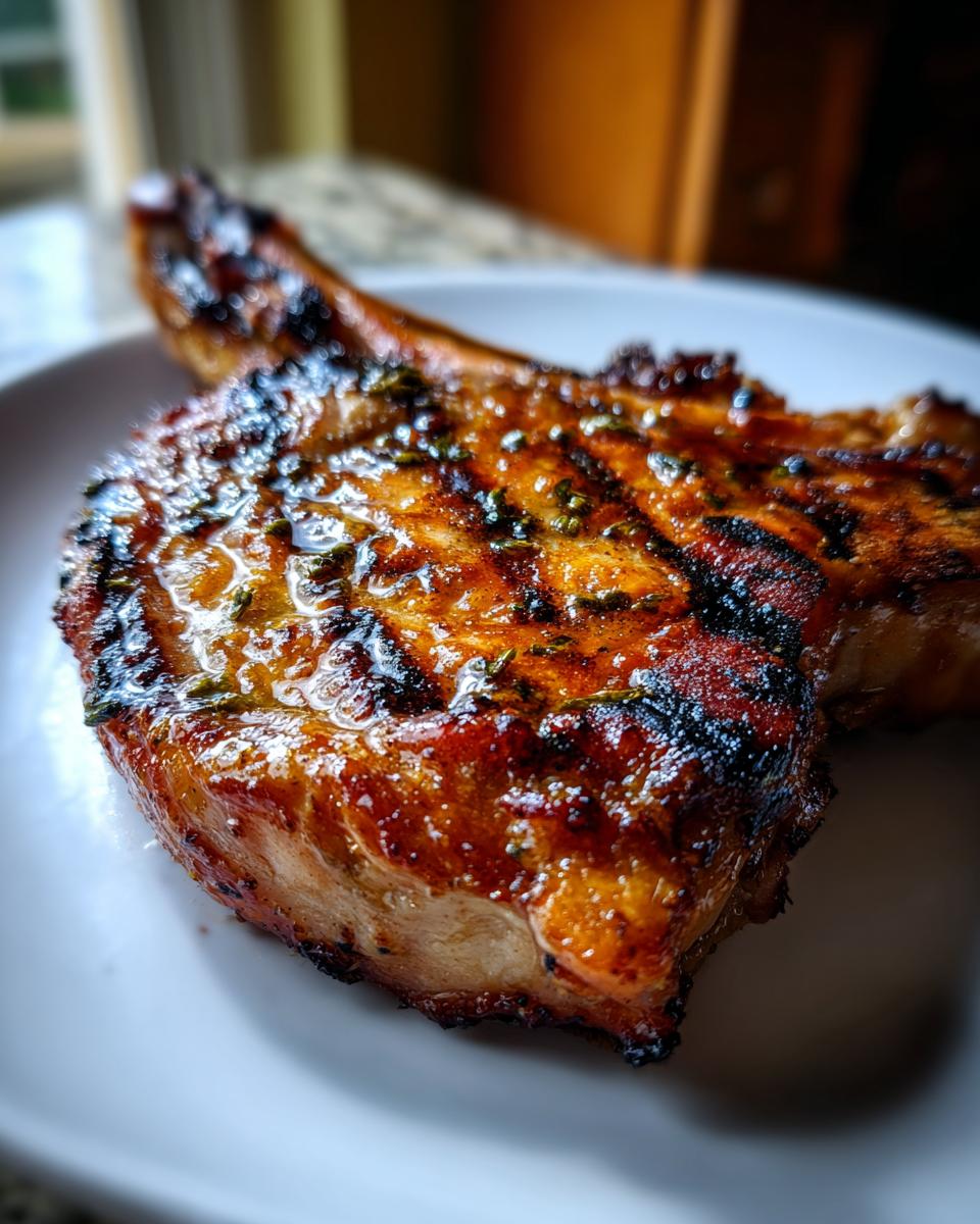 Close-up of a perfectly grilled pork chop, showing grill marks and a glistening marinade.