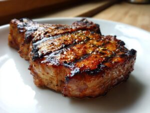 Close-up of two juicy pork chops, grilled to perfection with visible grill marks and a glistening marinade.