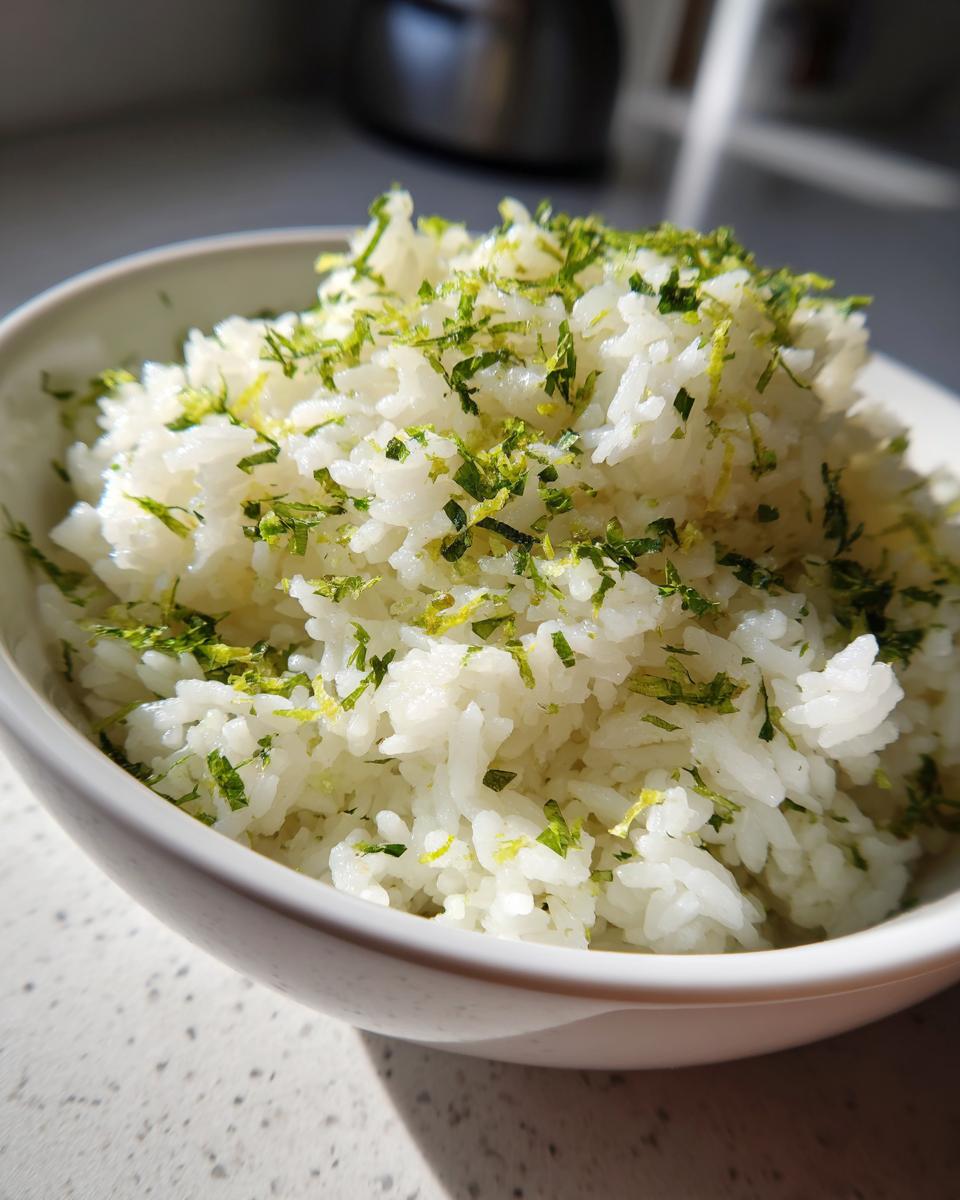 Close-up of a bowl of fluffy Mediterranean lemon rice topped with chopped fresh herbs and lemon zest.