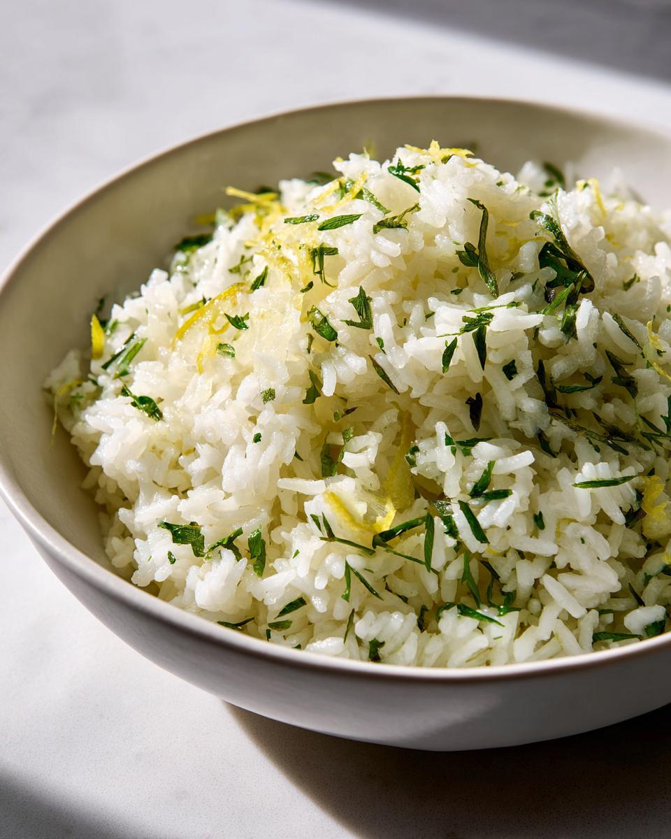 Close-up of fluffy Mediterranean lemon rice topped with fresh parsley and lemon zest.