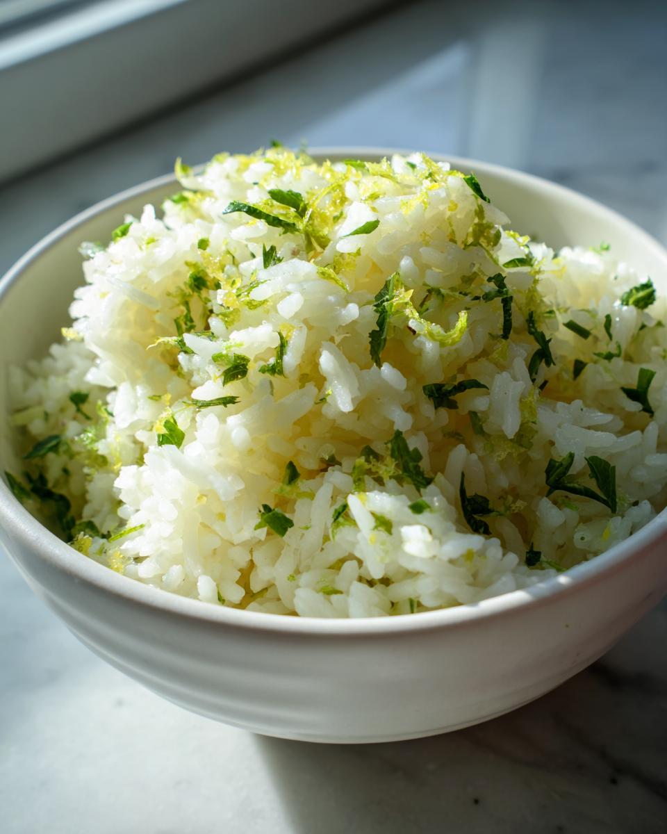 Close-up of fluffy white Mediterranean lemon rice topped with fresh lemon zest and chopped herbs in a white bowl.