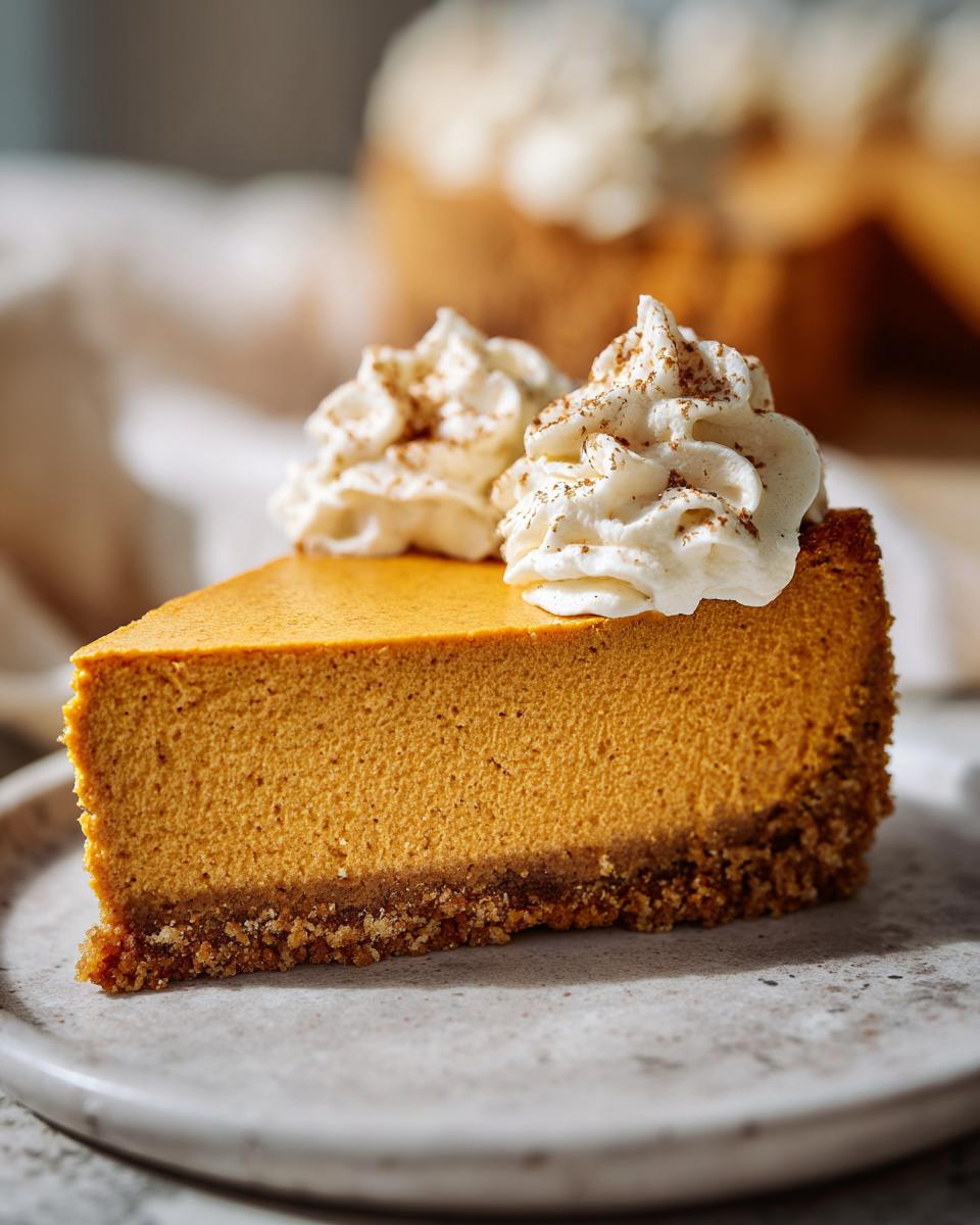 A perfect slice of no bake pumpkin cheesecake topped with whipped cream and a sprinkle of cinnamon.