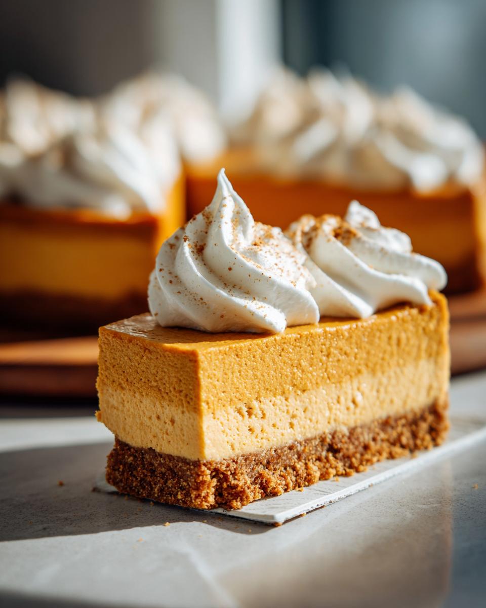 A close-up of a slice of no bake pumpkin cheesecake topped with whipped cream and cinnamon.