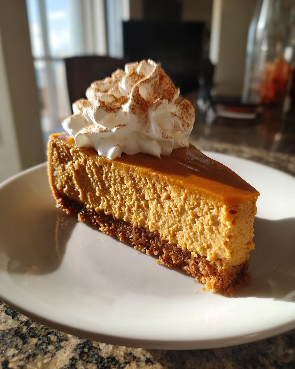 A perfect slice of no bake pumpkin cheesecake topped with whipped cream and cinnamon.