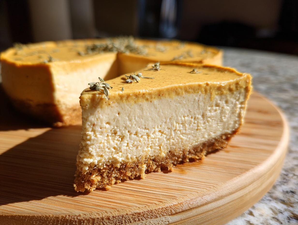 A close-up of a slice of no bake pumpkin cheesecake on a wooden board, garnished with herbs.