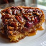 Close-up of a slice of pecan pie dump cake on a white plate, showing pecans and gooey filling.
