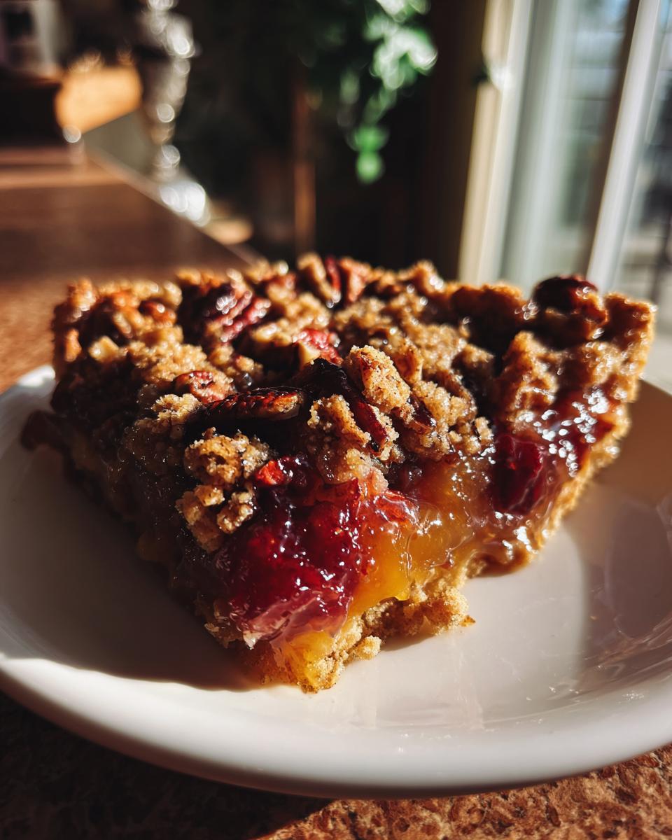 A close-up of a slice of pecan pie dump cake on a white plate, showing gooey filling and a crumb topping.