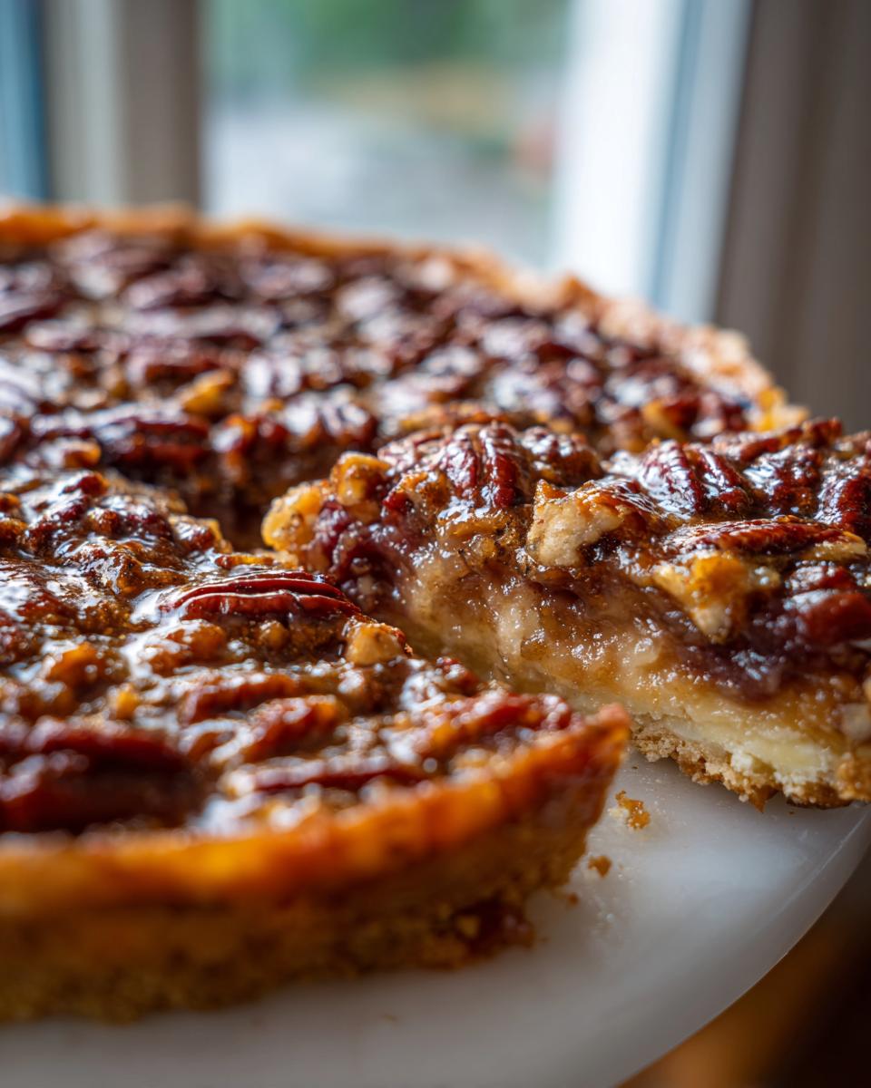 A close-up view of a slice of pecan pie dump cake, showcasing the flaky crust and gooey pecan filling.