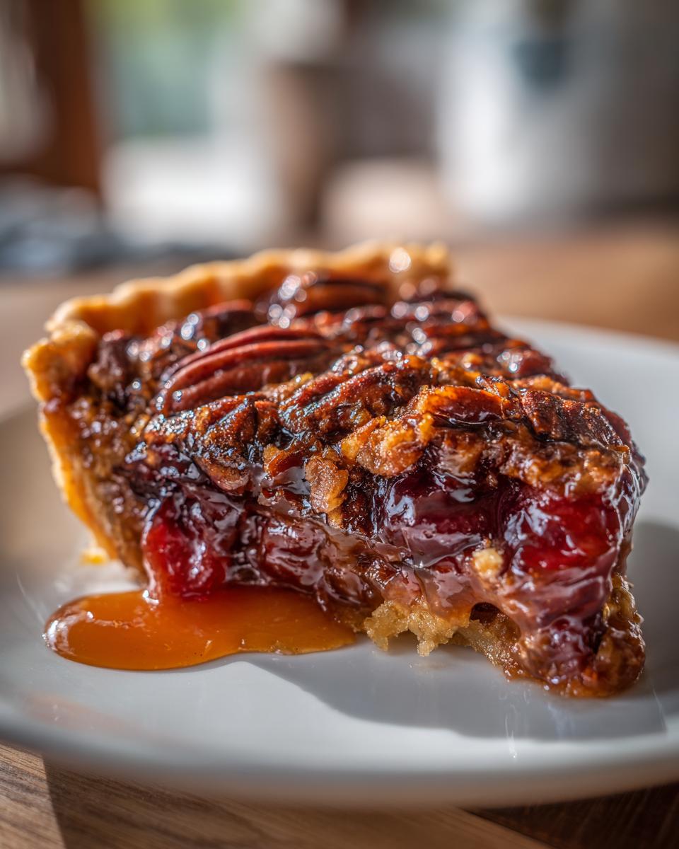 A close-up of a slice of pecan pie dump cake with a gooey cherry filling and caramel sauce dripping.