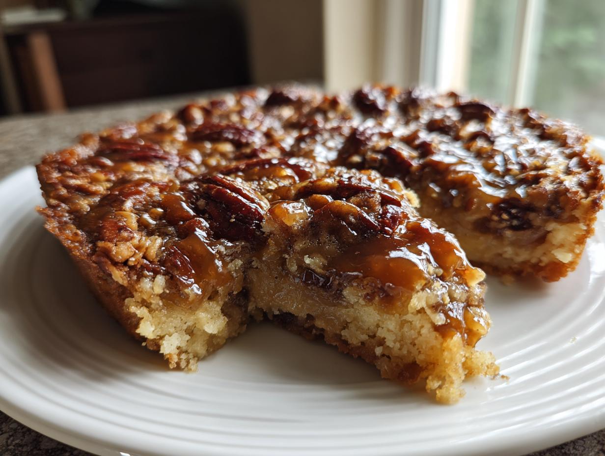 A slice of delicious pecan pie dump cake on a white plate, showcasing a gooey caramel topping and crunchy pecans.
