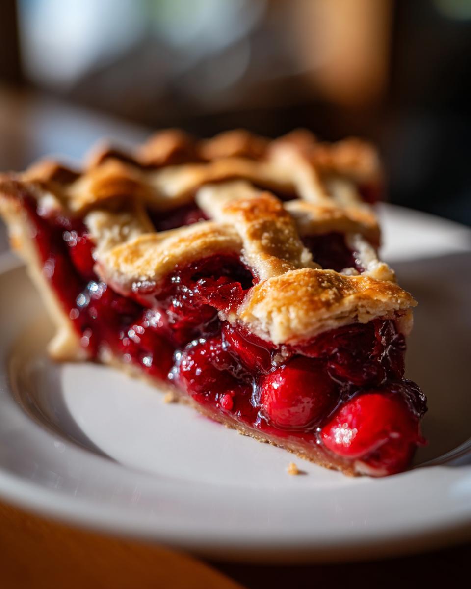A close-up of a perfect cherry pie slice on a white plate, featuring a golden lattice crust and a thick, juicy cherry filling.