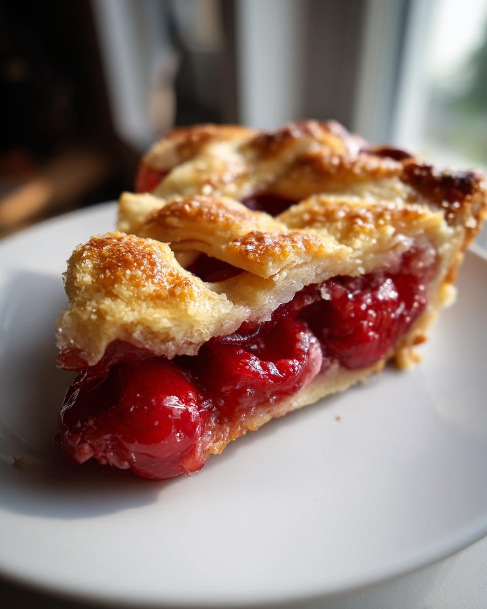 A close-up of a slice of perfect cherry pie with a golden lattice crust and a thick, juicy cherry filling.