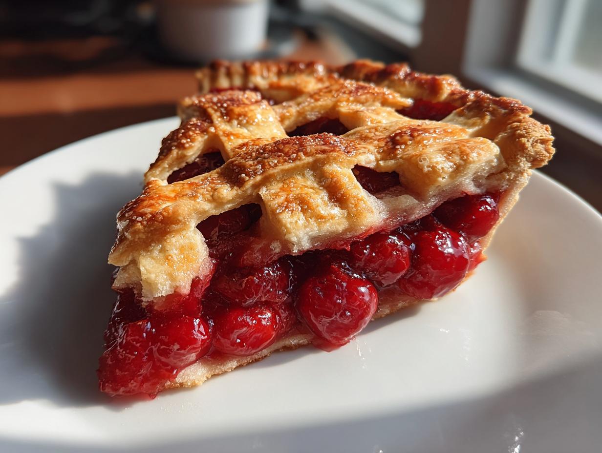 A close-up view of a slice of perfect cherry pie, featuring a golden lattice crust and a generous filling of bright red cherries.