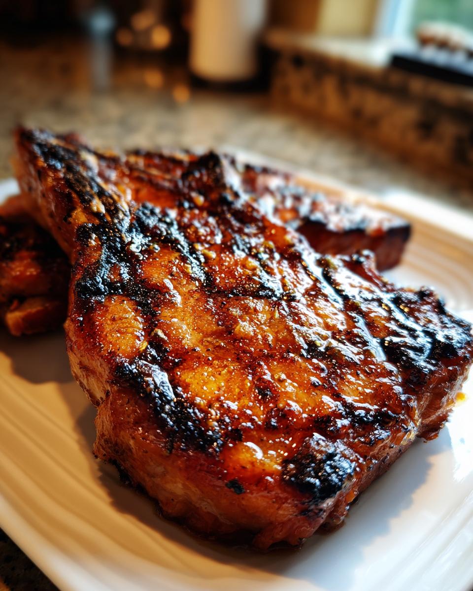 Close-up of perfectly grilled pork chops with a glossy marinade, showing grill marks.