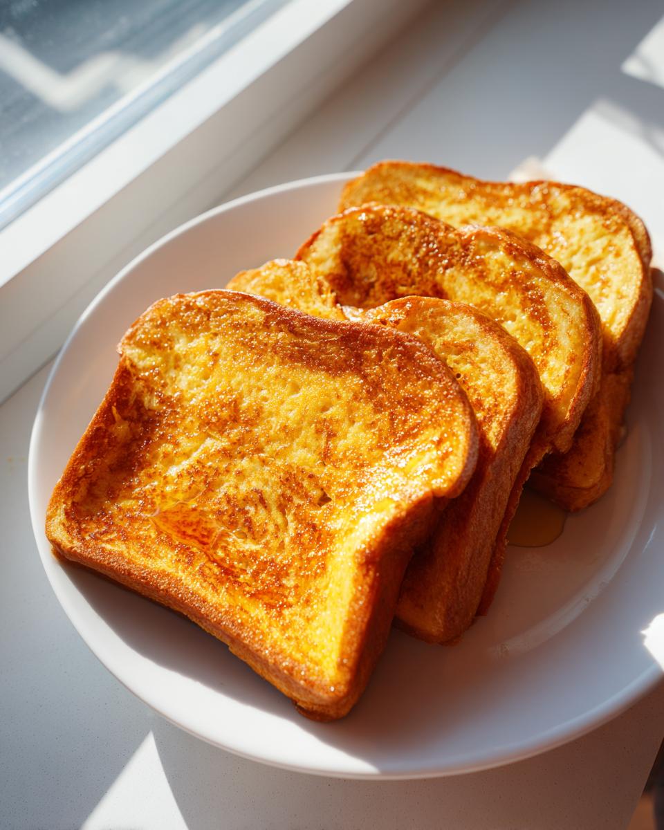 A stack of golden-brown protein French toast slices on a white plate, glistening with syrup.