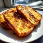 Close-up of golden brown protein French toast slices stacked on a white plate, bathed in sunlight.