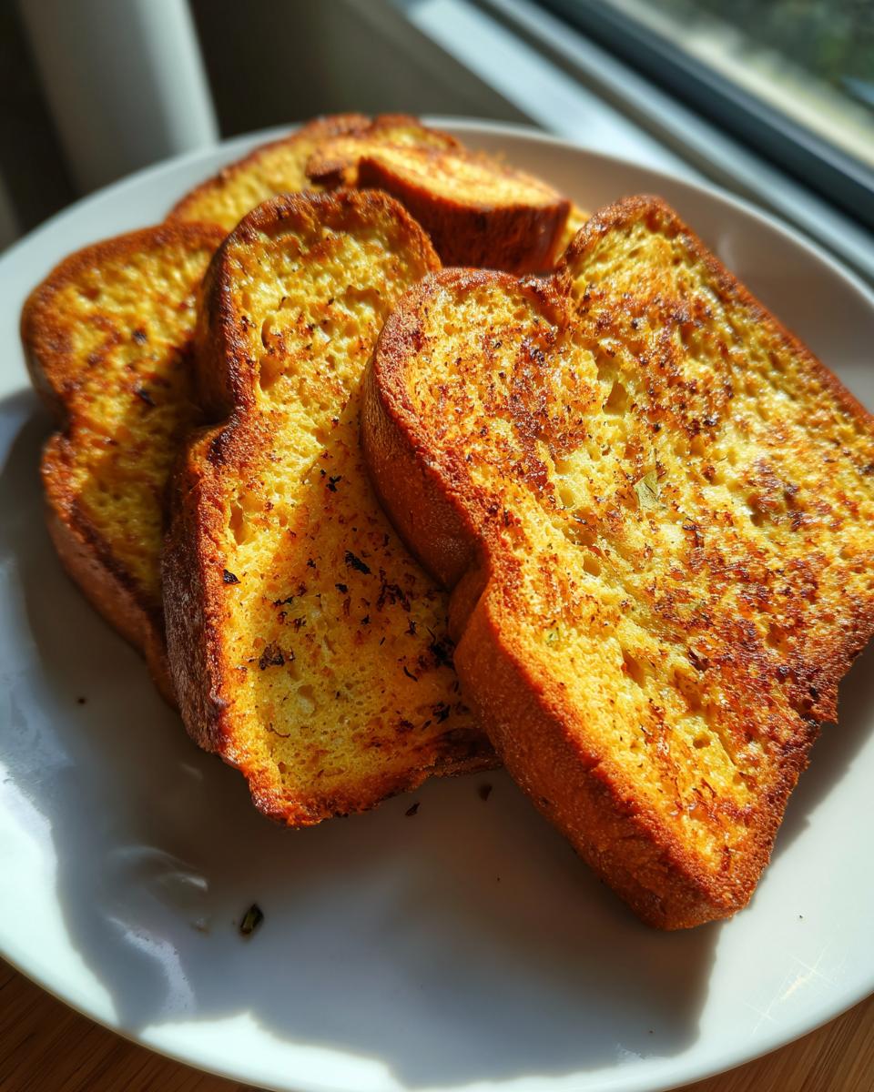 A close-up of golden-brown protein French toast slices on a white plate, lightly seasoned with herbs.