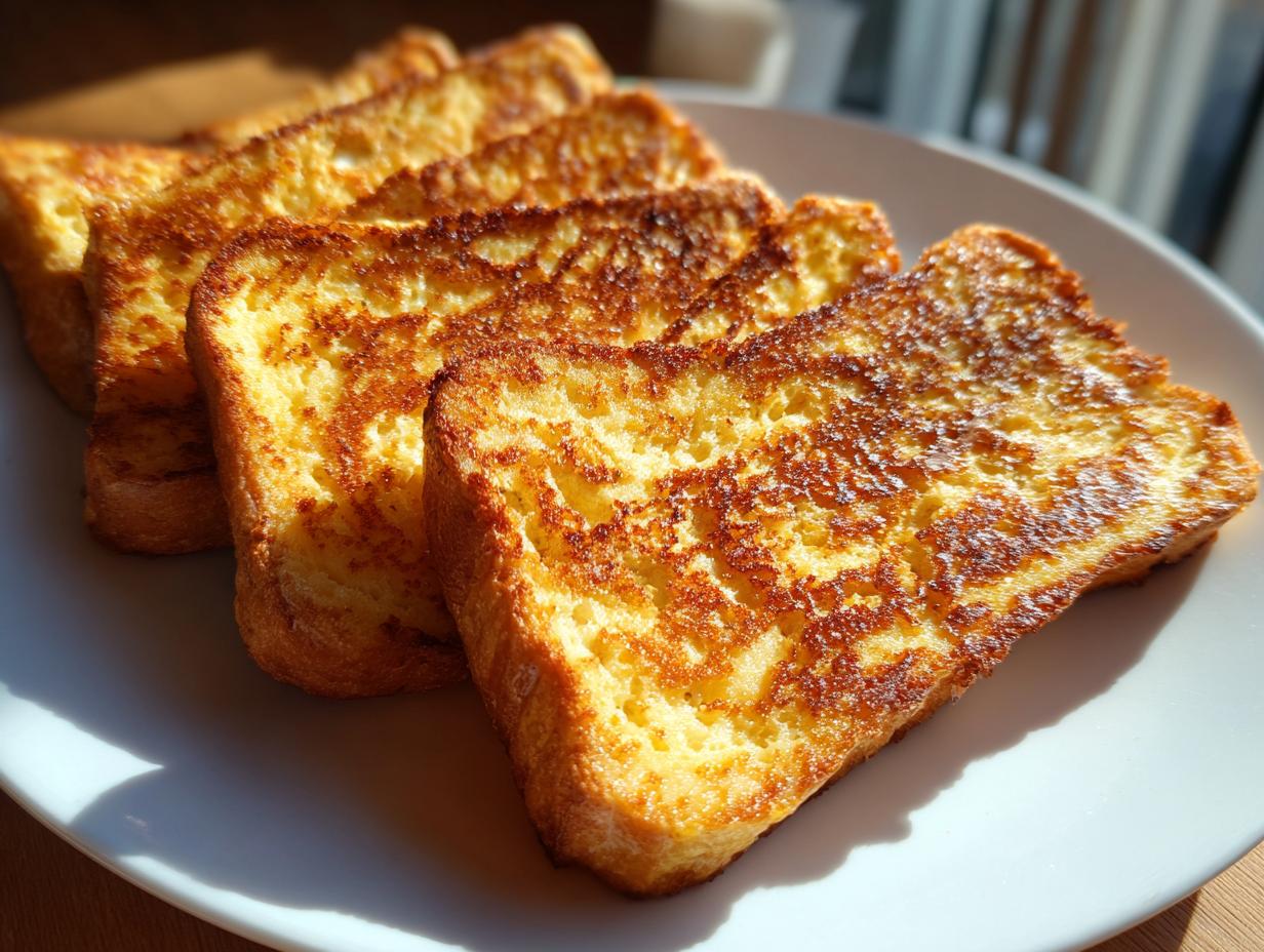 Close-up of golden-brown protein French toast slices on a white plate, ready to be served.