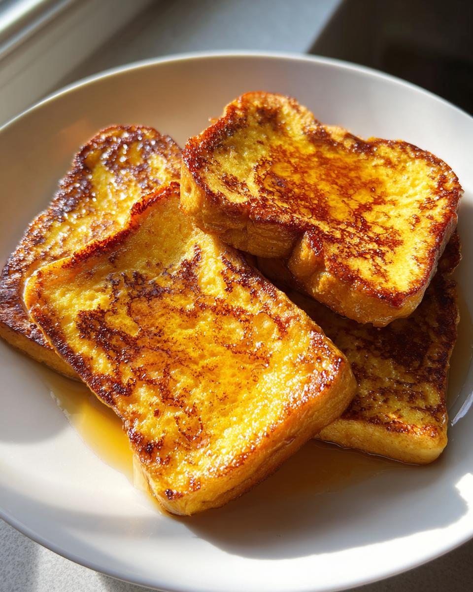 A close-up of golden-brown protein French toast slices on a white plate, drizzled with syrup.