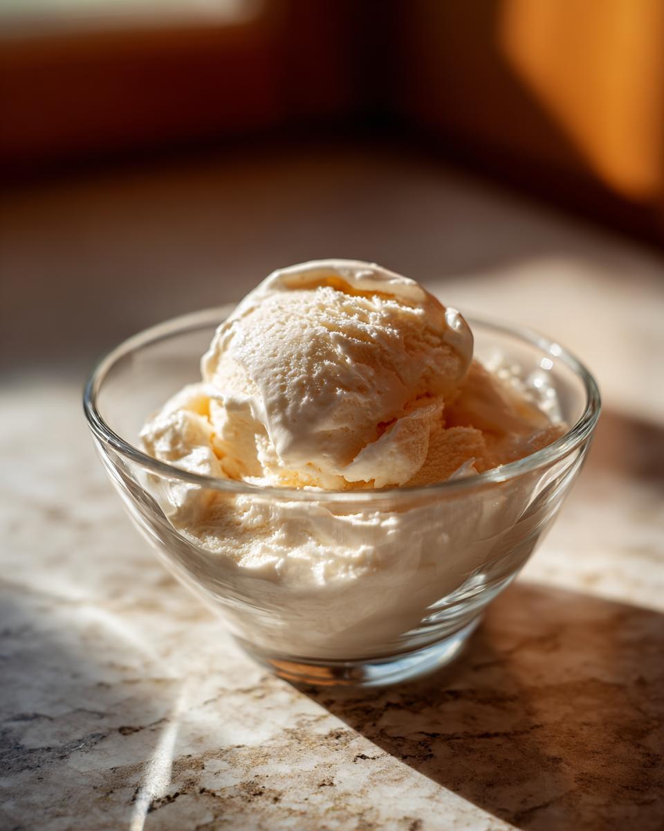 A close-up of creamy, vanilla-flavored protein ice cream scooped into a clear glass bowl.