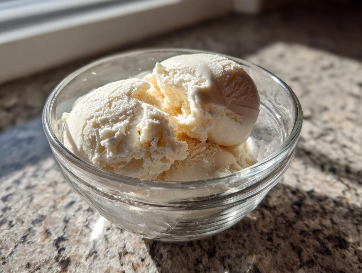 A close-up of creamy protein ice cream scooped into a glass bowl, bathed in natural light.