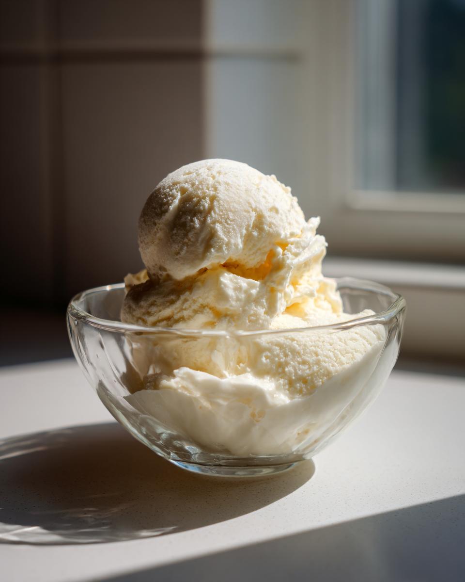 A clear glass bowl filled with scoops of creamy vanilla protein ice cream, bathed in natural light.