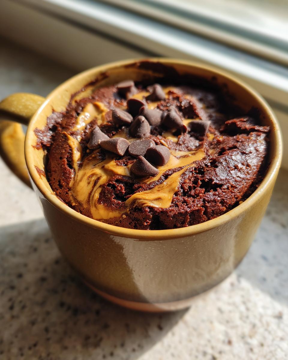 Close-up of a rich chocolate protein mug cake topped with peanut butter swirls and chocolate chips.