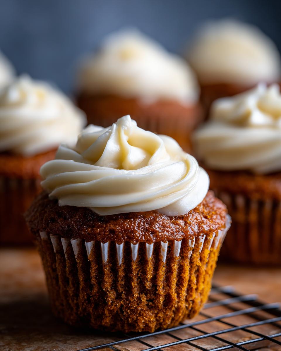Close-up of a perfectly domed pumpkin spice cupcake topped with swirls of cream cheese frosting.