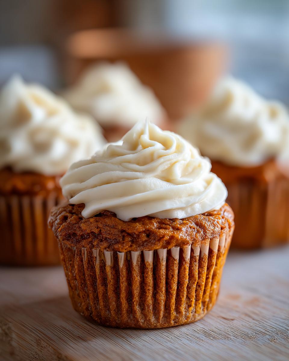 Close-up of a perfectly baked pumpkin spice cupcake with swirls of cream cheese frosting.