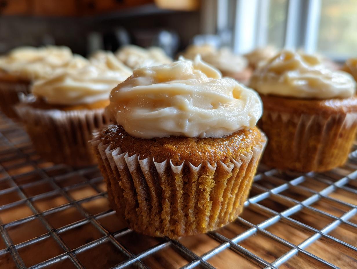 Close-up of perfectly baked pumpkin spice cupcakes with creamy frosting on a cooling rack.