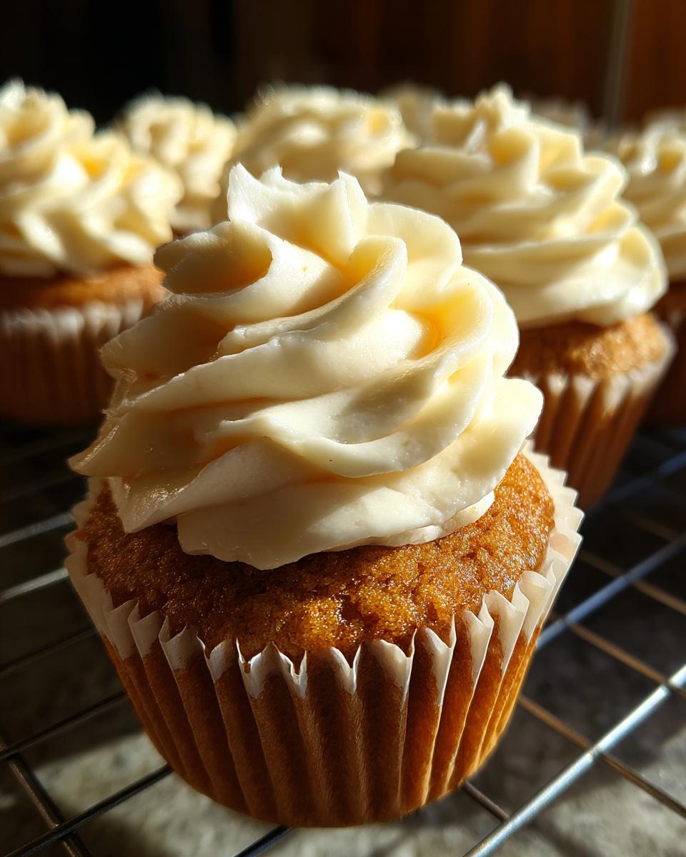 Close-up of a perfectly baked pumpkin spice cupcake with swirls of cream cheese frosting.
