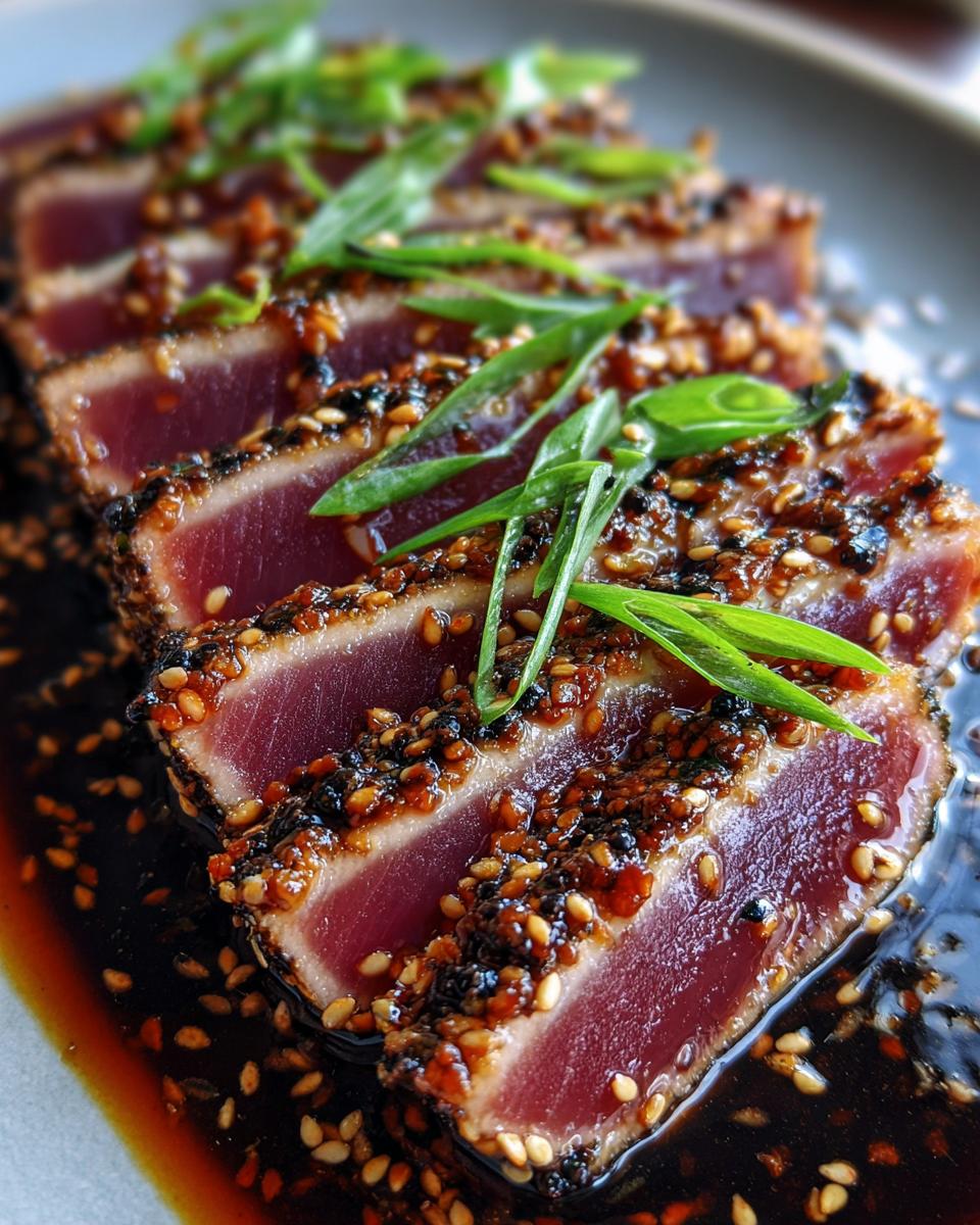 Close-up of perfectly seared ahi tuna steaks coated in a sesame seed crust and sliced, served with a savory sauce and garnished with green onions.
