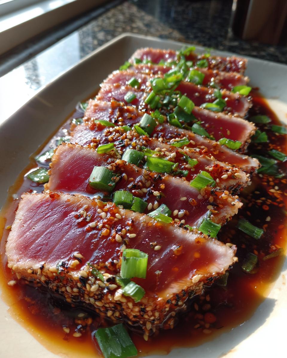 Close-up of sliced Seared Ahi Tuna, crusted with sesame seeds and drizzled with a savory sauce, garnished with chopped green onions.